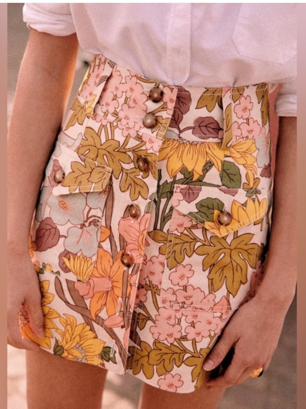 Sézane Floral Boho Mini Skirt in Pink, Mustard and Green